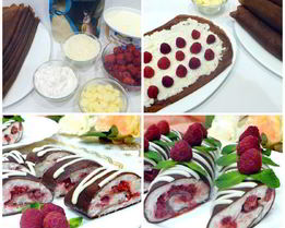 Шоколадные блинчики с кокосово-рисовым кремом и малиной