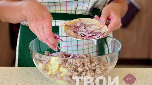 котлеты из картофеля и свинины с соусом из маринованных огурцов