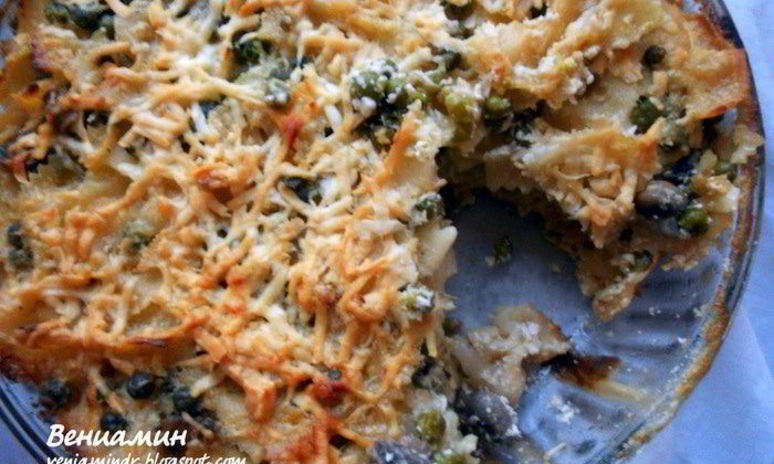 Рецепт пасты, запеченной с шампиньонами, зеленым горошком и сливочно-творожным соусом