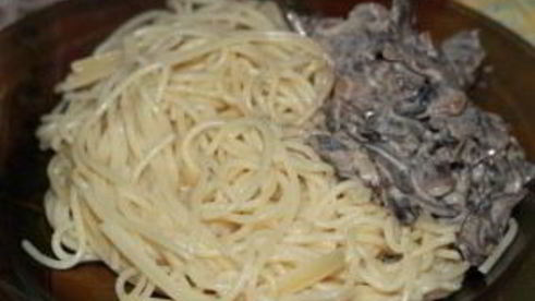 спагетти со сливками и грибами