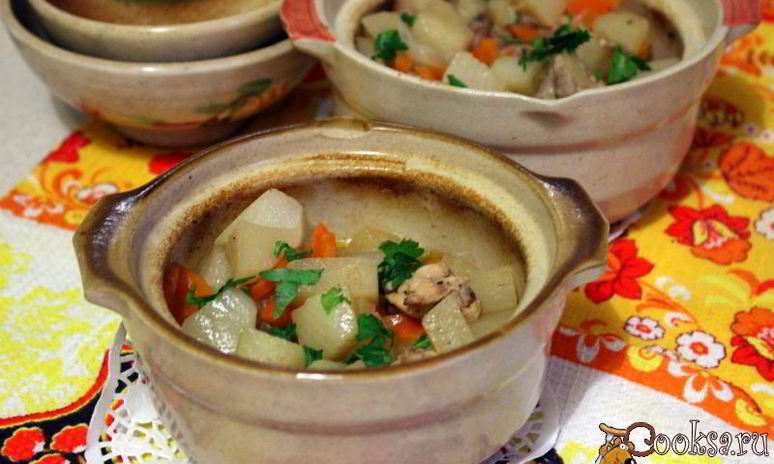 Рецепт курицы с репой в горшочках