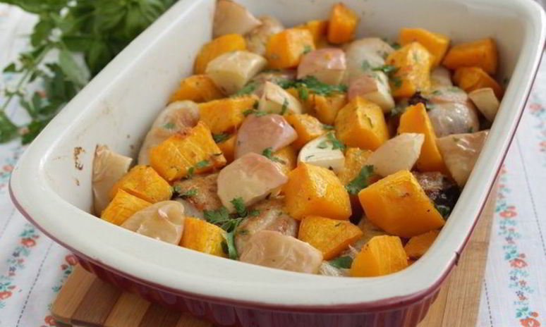 Рецепт запеченной курицы с тыквой и яблоком