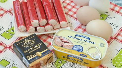 крабовые палочки, фаршированные печенью трески