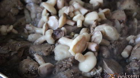 куриная печень с маслятами в сметане