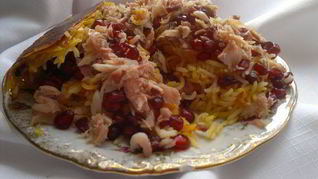 Плов с тыквой , капченой рыбой и гранатом