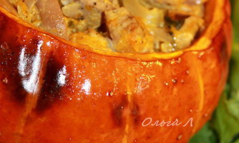 Рецепт сливочно-грибного рагу с мясом в тыкве