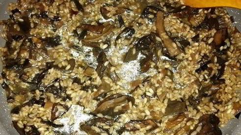 розовое ризотто с белыми грибами