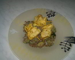 Гречетто с пивом портер и цукини и шашлык из куриной грудки в индийском стиле