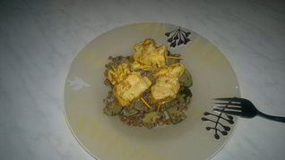 Гречетто с пивом портер и цукини и шашлык из куриной грудки в индийском стиле