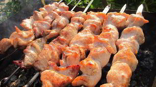 Шашлык из индейки с салатом из красного лука и помидор