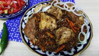 Гречка с куриным мясом в казане