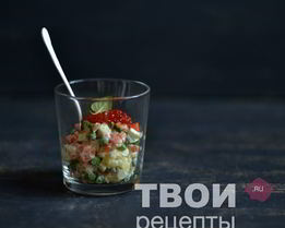 Оливье с семгой и красной икрой