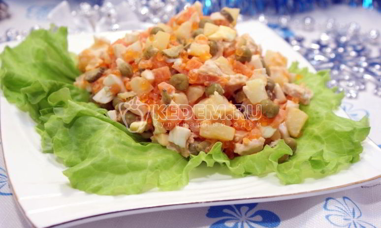Рецепт салата оливье с курицей и икорной закуской
