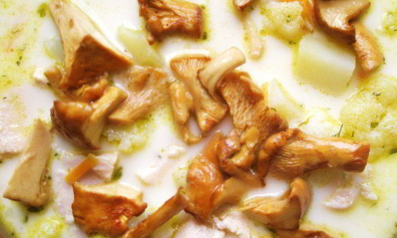 Рецепт куриного супа из цветной капусты с лесными грибами