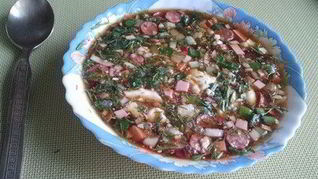 Окрошка с охотничьими колбасками