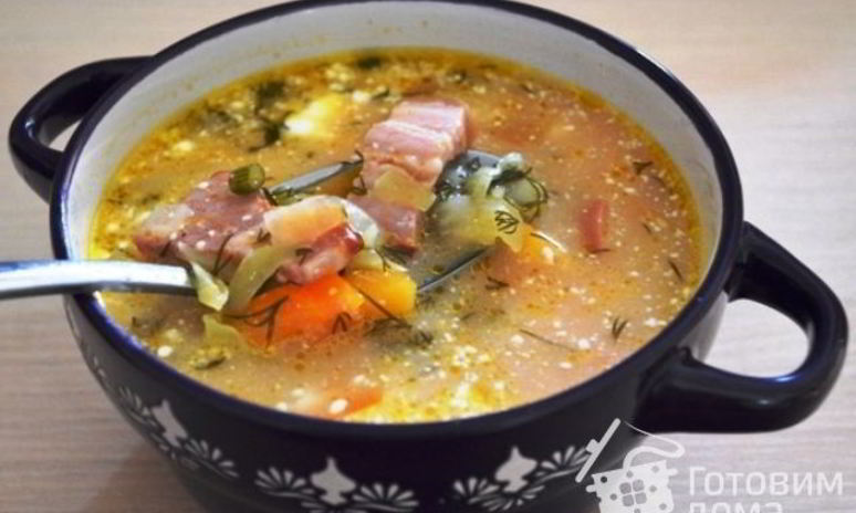 Рецепт овощного супа с фасолью и копченостями