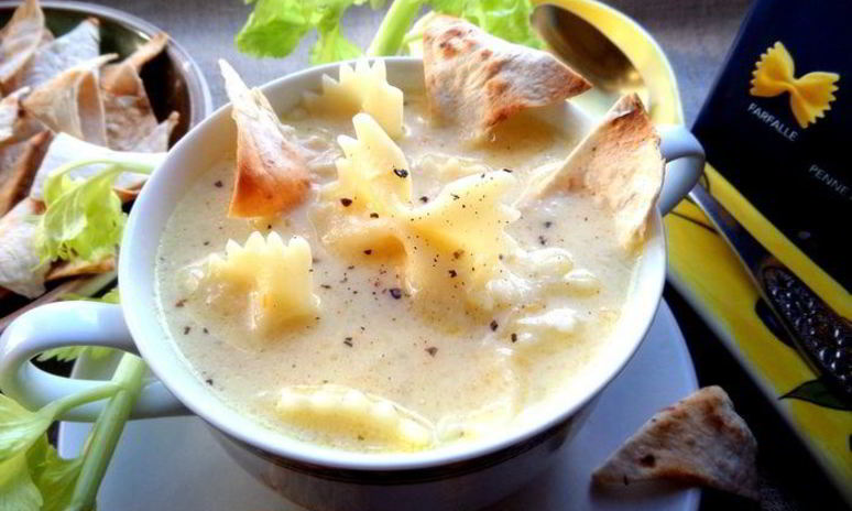 Рецепт сырно-макаронного суп и чипсы из лаваша