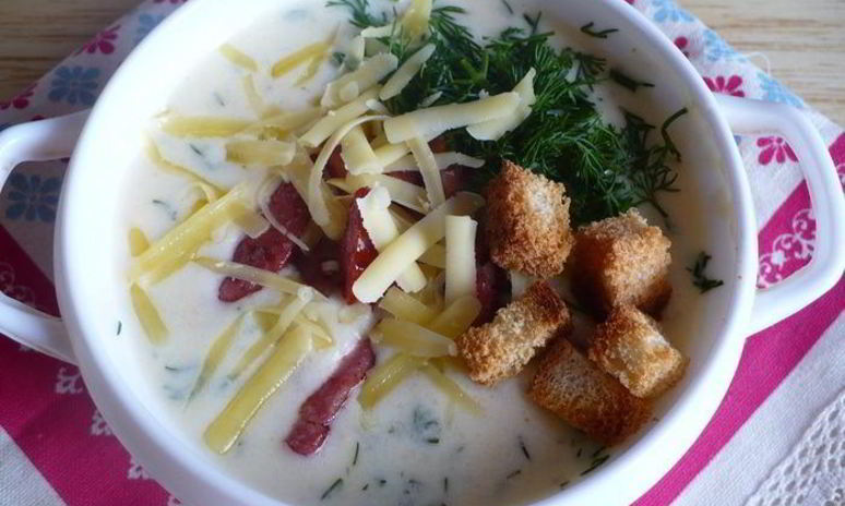 Рецепт сырно-овощного суп с копченостями