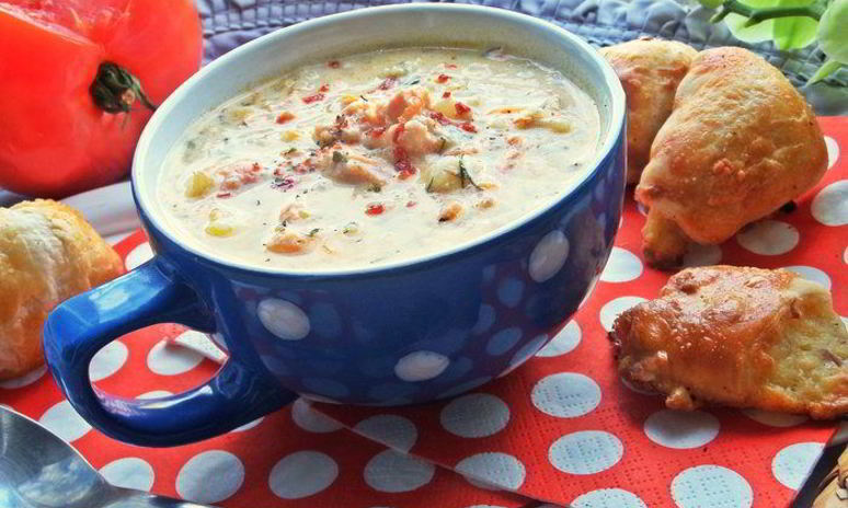 Рецепт сырного супа с лососем и рисом