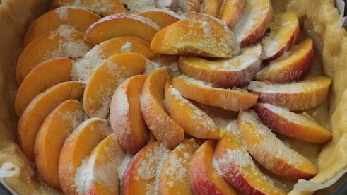 пирог с персиками и пудингом из ряженки