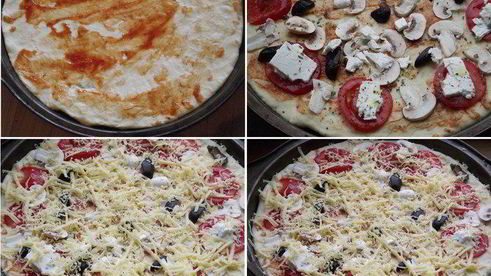 пицца с фетой, помидорами и оливками