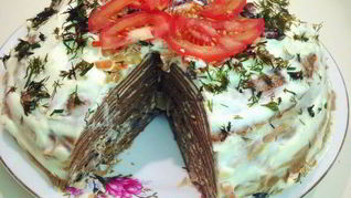 Печеночный торт с грибами