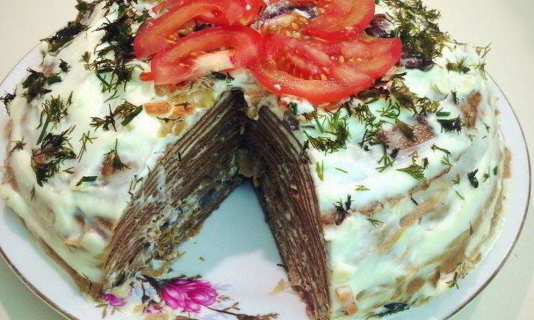 Рецепт печеночного торта с грибами